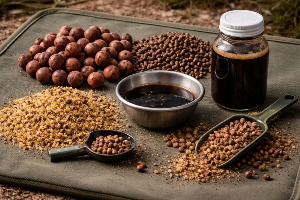 Liver hydrolysate used with boilies, pellets, and crumb for carp fishing.