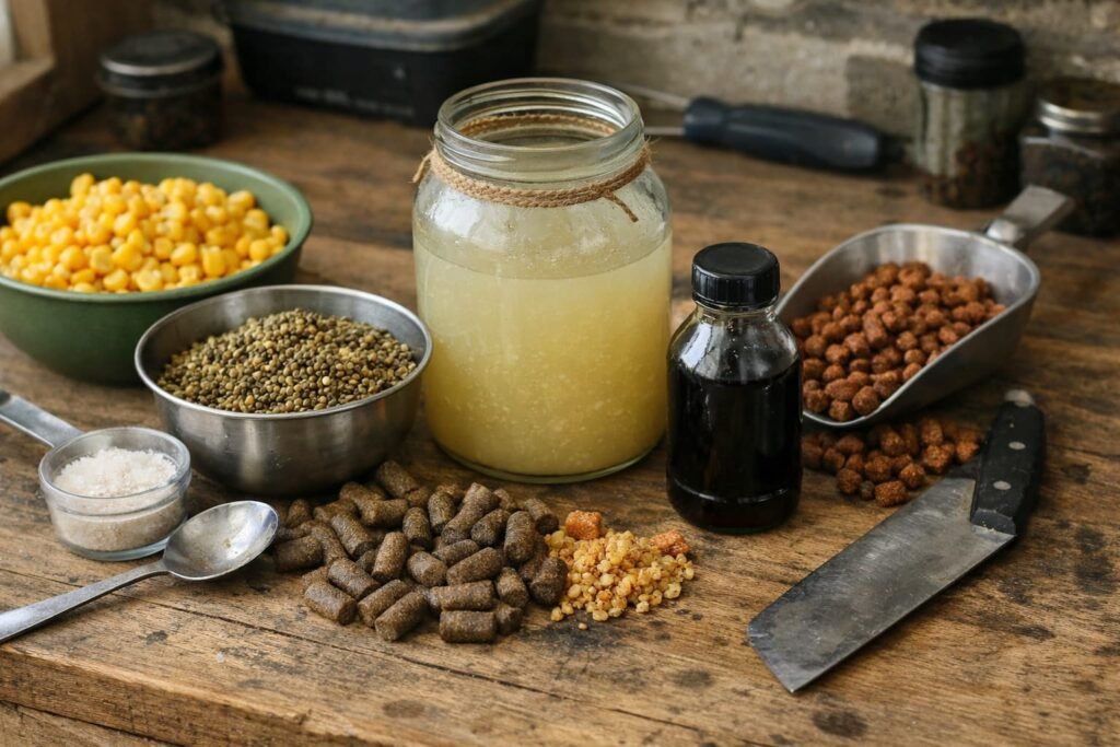 Cheap carp bait liquids and ingredients laid out on a bait-making bench.