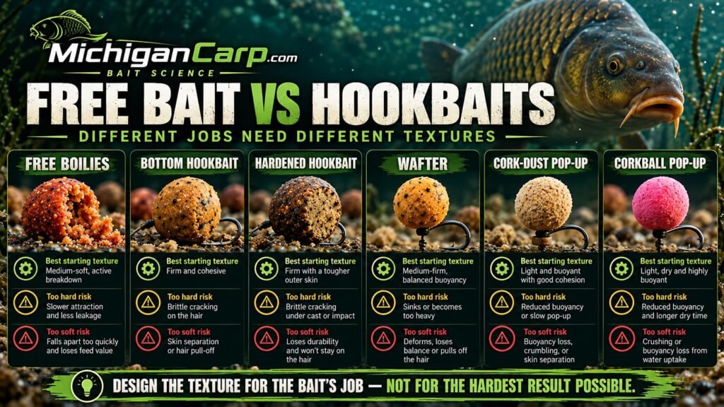 Free bait versus hookbait texture comparison showing free boilies, bottom hookbaits, hardened hookbaits, wafters and pop-ups.