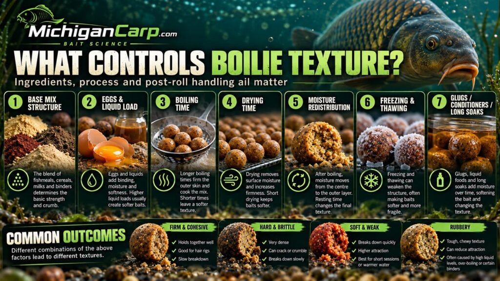 What controls boilie texture showing base mix structure, eggs and liquids, cooking, drying, moisture redistribution, freezing and bait treatments.