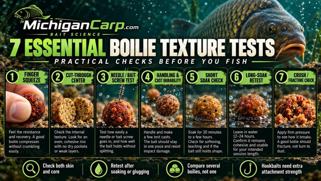 Seven essential boilie texture tests including compression, cross-section inspection, attachment testing, casting, short soak, long soak and fracture checks.