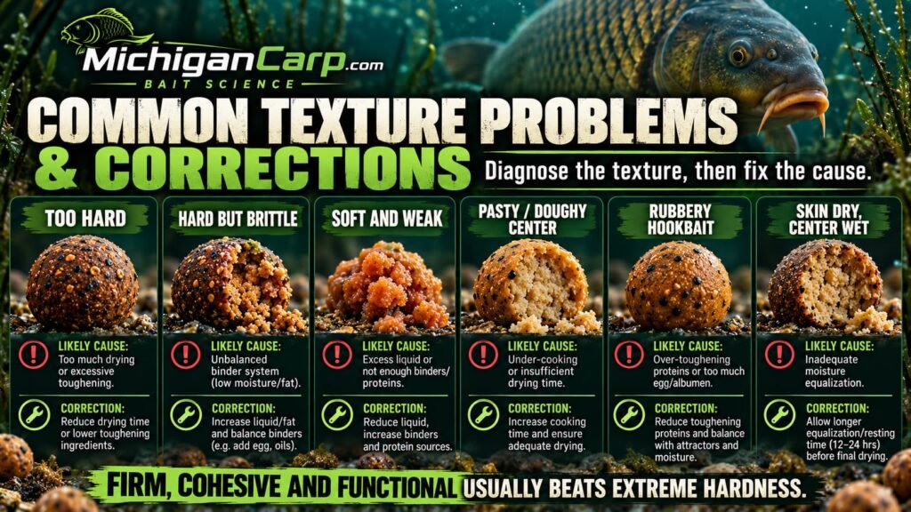 Common boilie texture problems showing overly hard, brittle, soft, pasty and rubbery boilies with likely causes and corrections.
