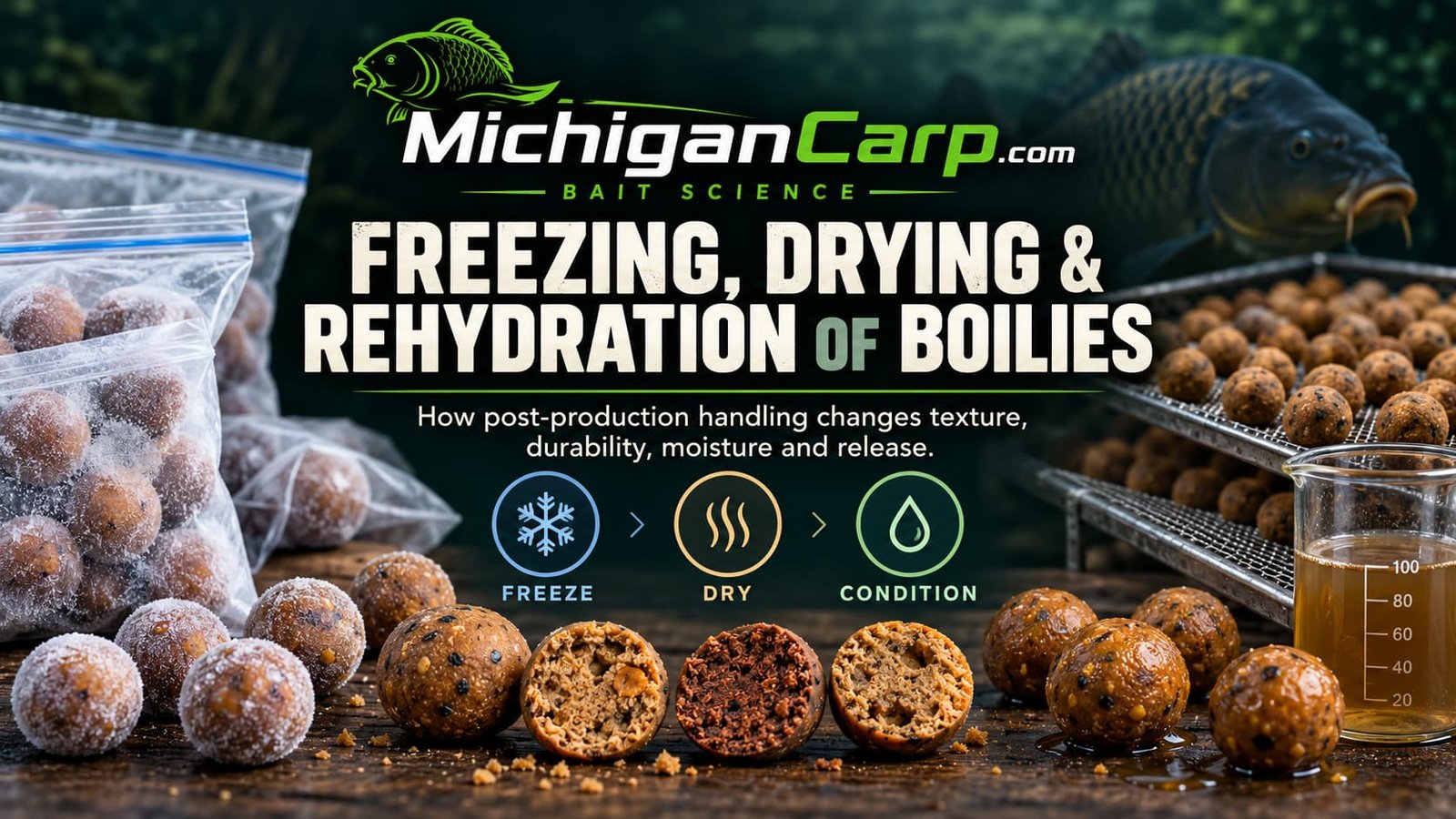 Freezing, drying and rehydration of boilies showing frozen bait, air-dried boilies and conditioned bait on a MichiganCarp bait-science workbench.