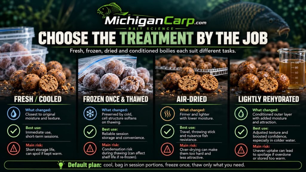 Comparison of fresh, frozen, air-dried and lightly rehydrated boilies showing the best use and main risk of each bait treatment.