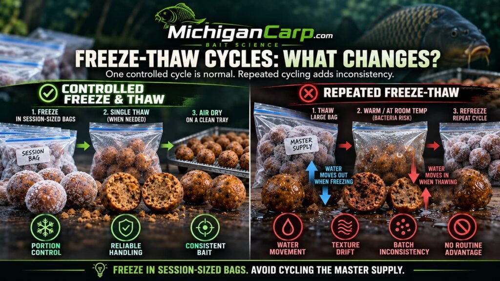 Controlled single freeze and thaw compared with repeated freeze-thaw cycles in boilies, showing moisture movement and increasing bait inconsistency.