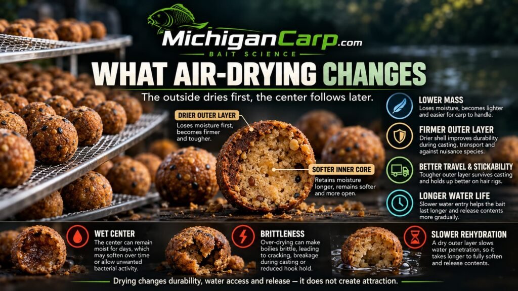 Air-dried boilie cross-section showing a firmer dry outer layer and softer inner core with changes in durability, moisture and rehydration.