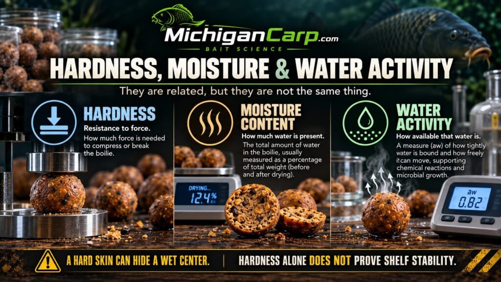 Hardness, moisture content and water activity in boilies compared as three different measurements affecting texture, water level and shelf stability.