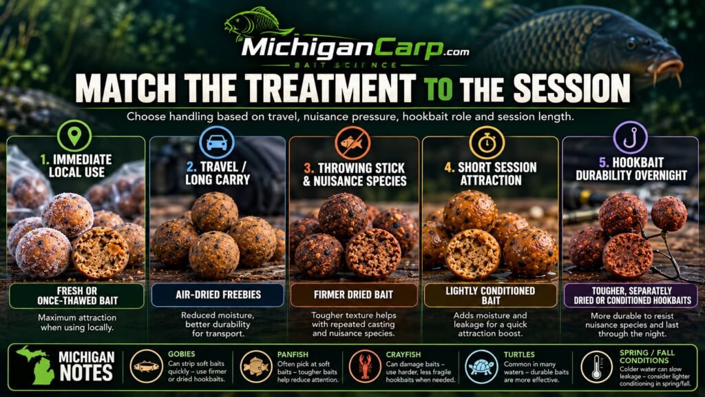 Michigan boilie treatment guide matching fresh, frozen, dried and conditioned bait to travel, nuisance species, short sessions and overnight hookbait use.