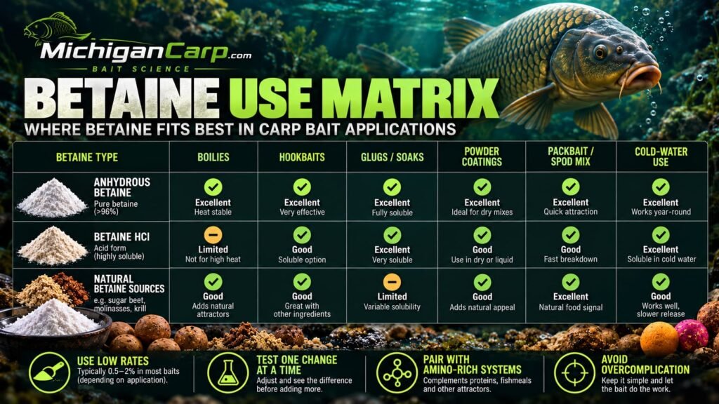 Betaine use matrix for carp bait showing practical starting ranges for boilies, hookbaits, glugs, powder coatings, packbait and prepared particles.