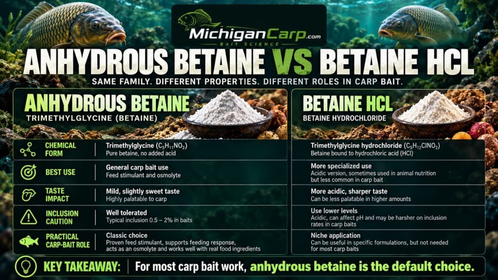 Anhydrous betaine versus betaine HCl for carp bait comparing molecular weight, acidity, bait use and practical formulation differences.