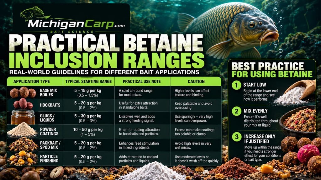 Practical betaine inclusion ranges for carp bait showing boilies, hookbaits, glugs, powder coatings, packbait and particle finishing levels.