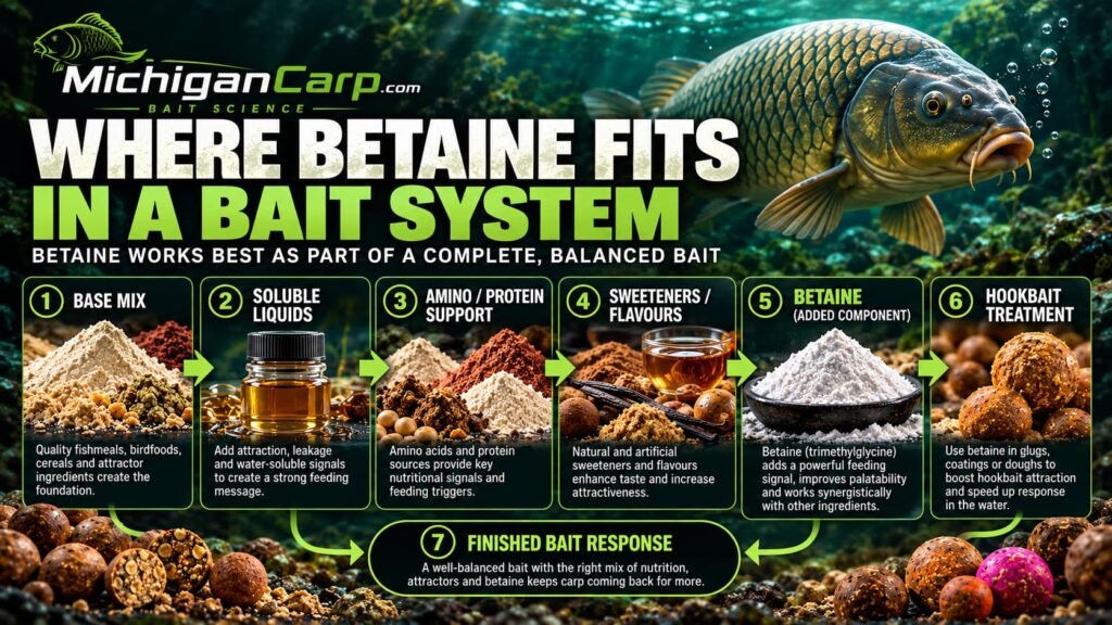 Betaine applications in carp bait showing boilies, hookbaits, glugs, powder coatings, packbait and prepared particles as part of a wider food-signal system.