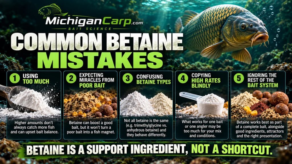 Common betaine mistakes in carp bait including excessive dosage, additive stacking, confusing anhydrous betaine with betaine HCl and poor bait testing.
