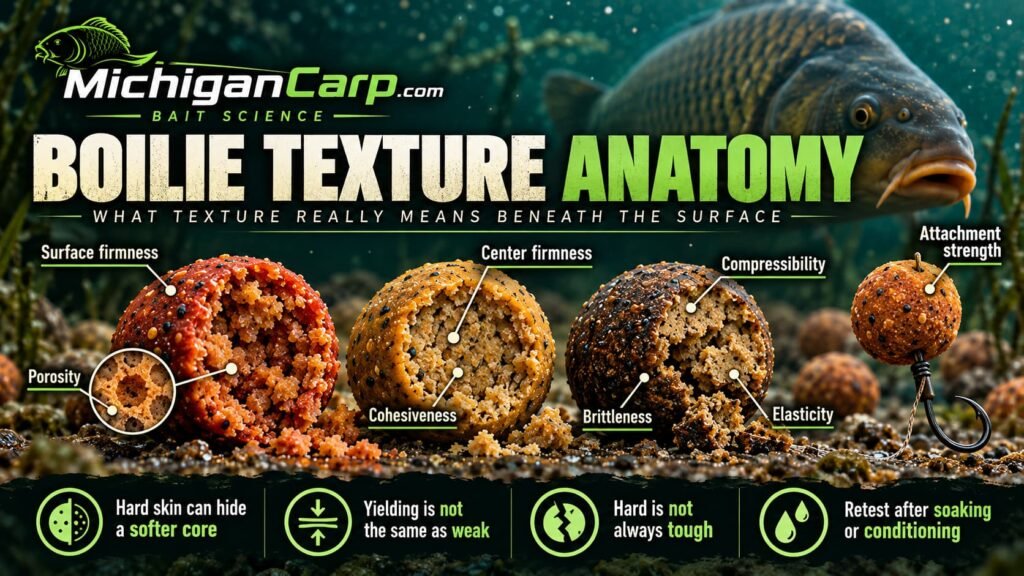 Soft vs hard boilies texture anatomy showing surface firmness, centre firmness, porosity, cohesiveness, brittleness, elasticity and hookbait attachment strength.