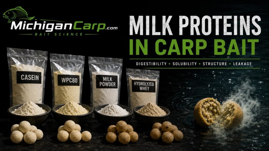 Milk proteins in carp bait showing casein, WPC80, milk powder, hydrolyzed whey, boilies, digestibility, solubility, structure and leakage