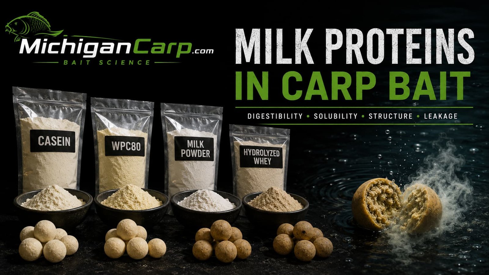 Milk proteins in carp bait showing casein, WPC80, milk powder, hydrolyzed whey, boilies, digestibility, solubility, structure and leakage