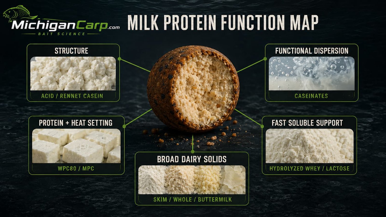  Milk protein function map for carp bait showing casein, caseinates, WPC80, MPC, hydrolyzed whey, lactose and dairy powders
