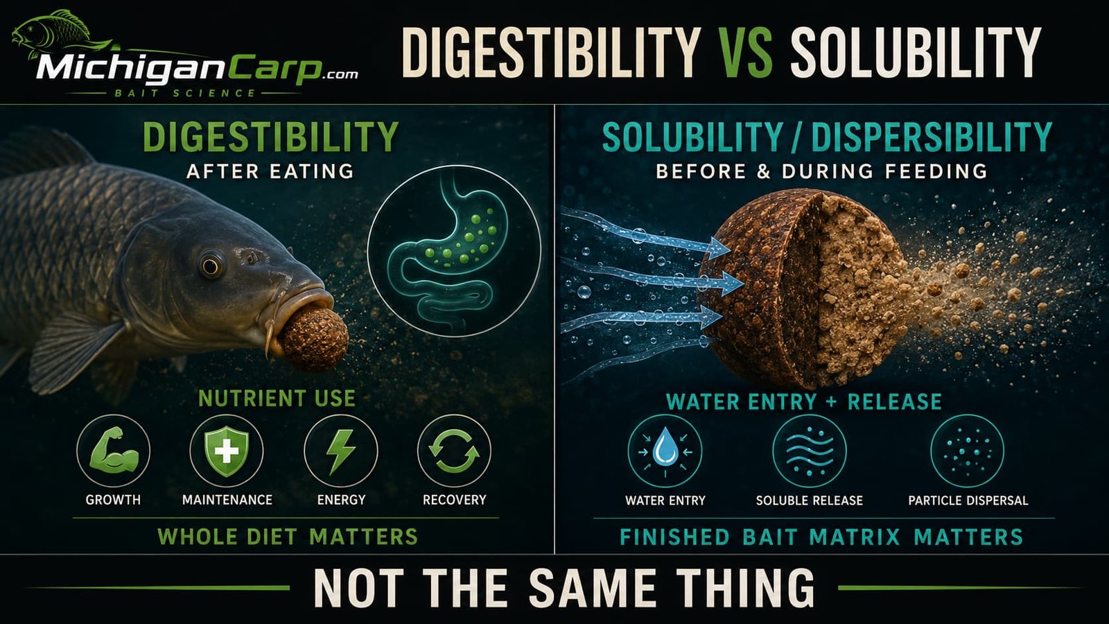 Digestibility versus solubility in carp bait showing nutrient use after eating and release from a finished boilie