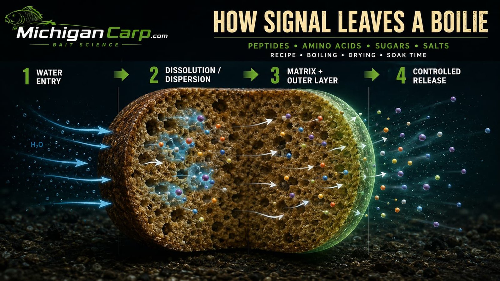 How signal leaves a boilie through water entry, dissolution, dispersion, the bait matrix and controlled release