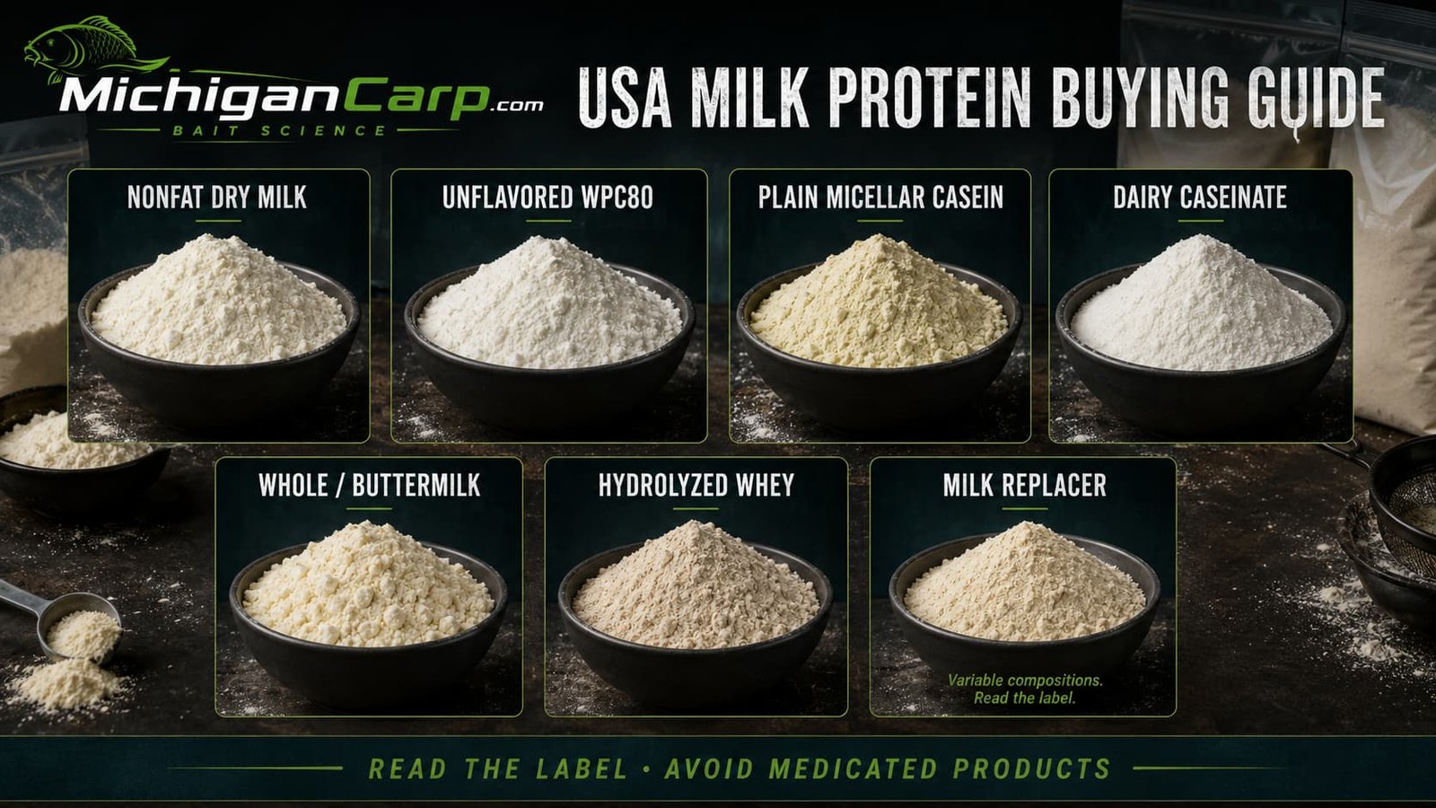 USA milk protein buying guide showing nonfat dry milk, WPC80, micellar casein, caseinate, buttermilk, hydrolyzed whey and milk replacer