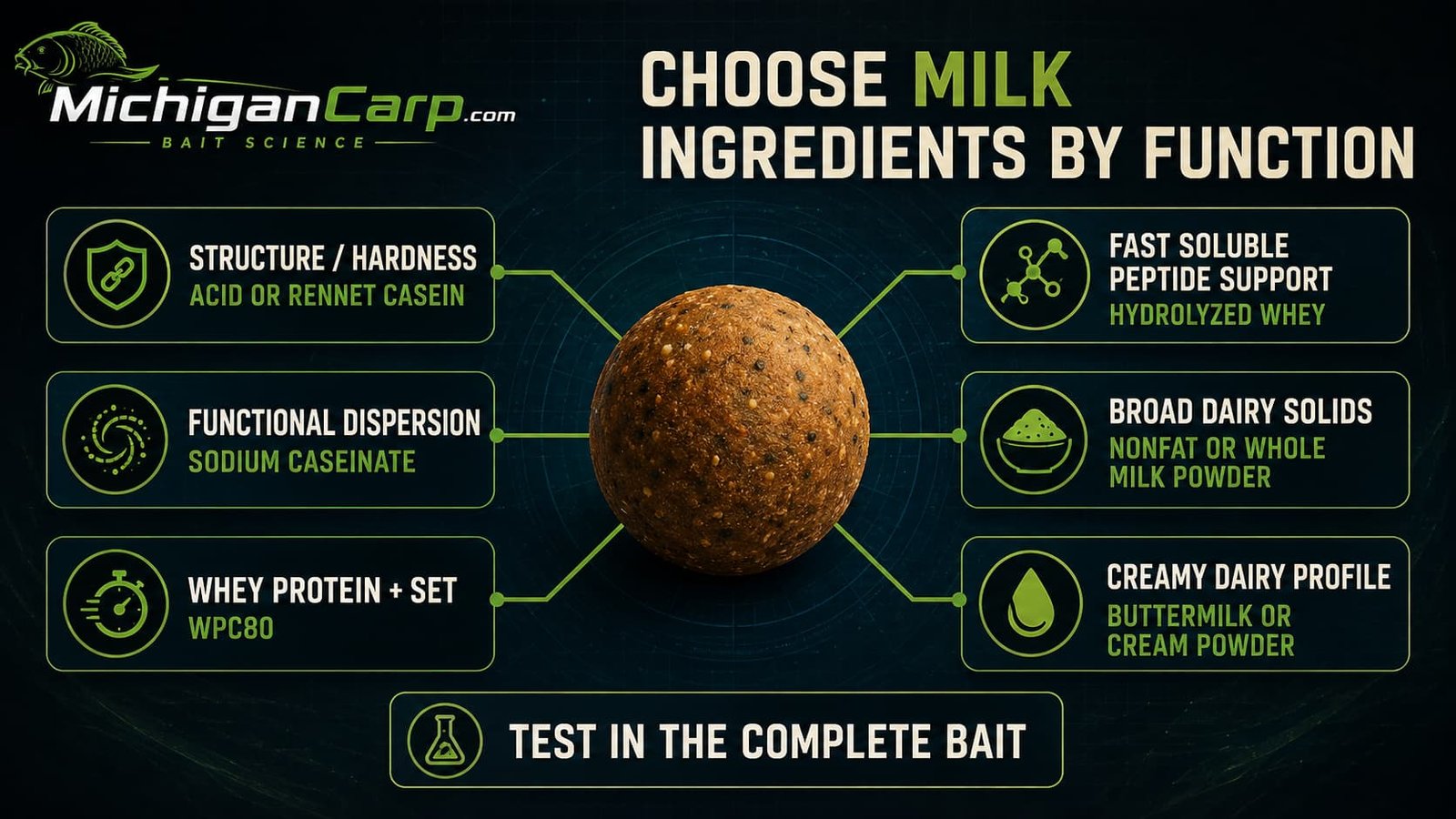 Milk protein decision guide showing ingredients for structure, dispersion, whey protein, soluble peptide support and dairy solids