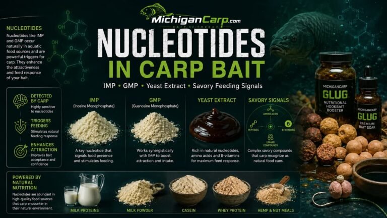 Infographic titled “Nucleotides in Carp Bait” showing IMP, GMP, yeast extract and savory feeding signals, with carp bait ingredients, glug bottles, boilies and a carp underwater, explaining how nucleotides can boost bait attraction and feeding response.