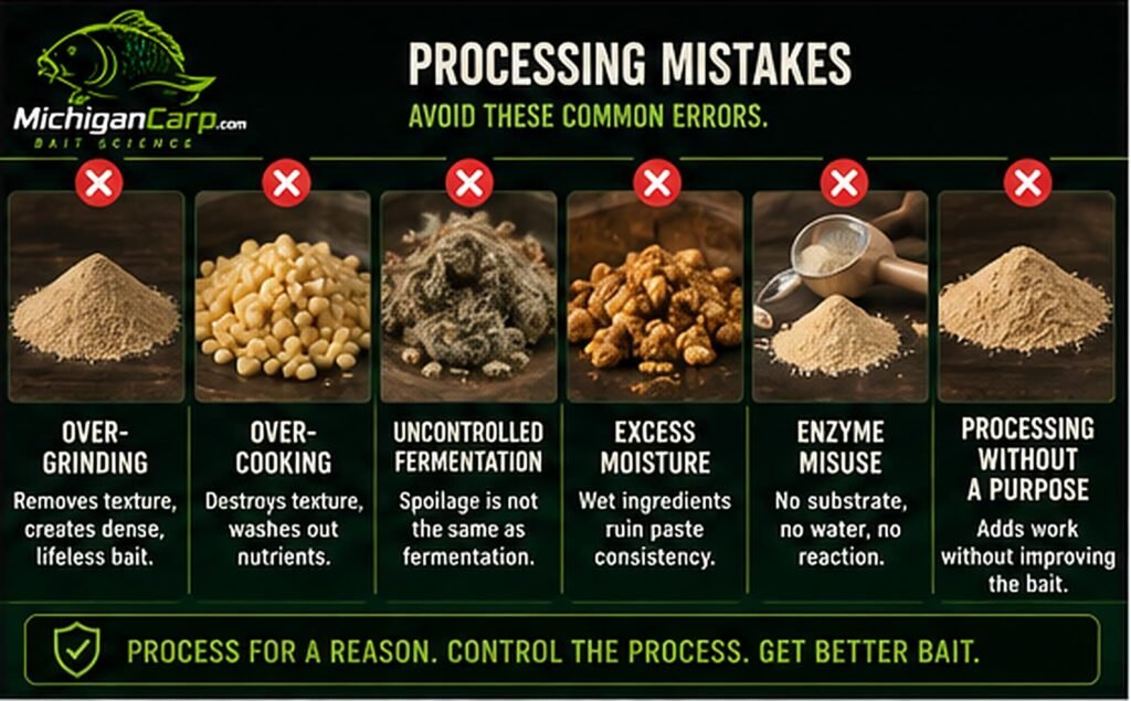 Common carp bait processing mistakes showing over-grinding, overcooking, uncontrolled fermentation, excess moisture, enzyme misuse and processing without a purpose
