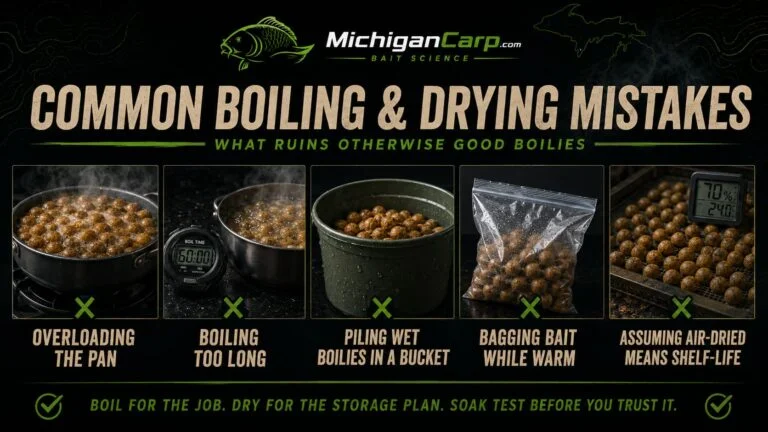 Common boiling and drying mistakes in homemade boilies including overloading the pan, over-boiling, piling wet boilies, freezing too wet and assuming air-dried means shelf-life.