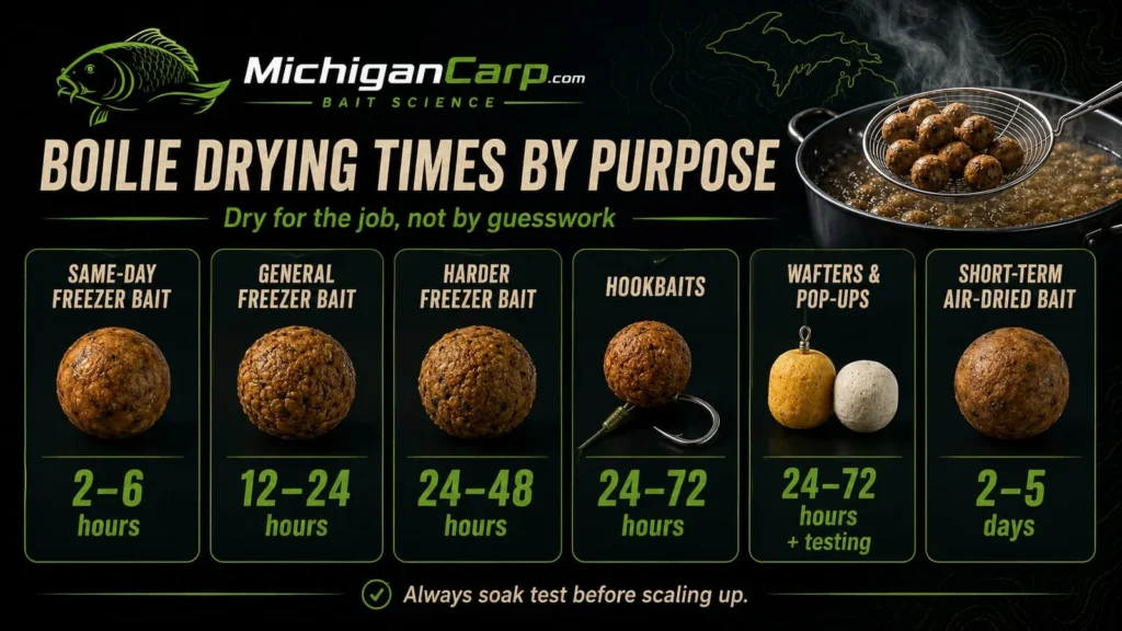 Boilie drying times by purpose comparing same-day bait, freezer bait, harder freezer bait, hookbaits, wafters, pop-ups and short-term air-dried bait.