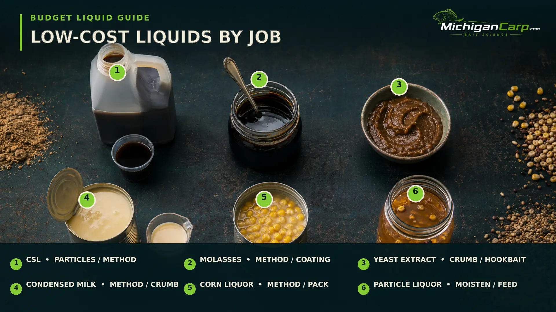  Six inexpensive carp bait liquid options matched to particle, crumb, hookbait and method-mix jobs.