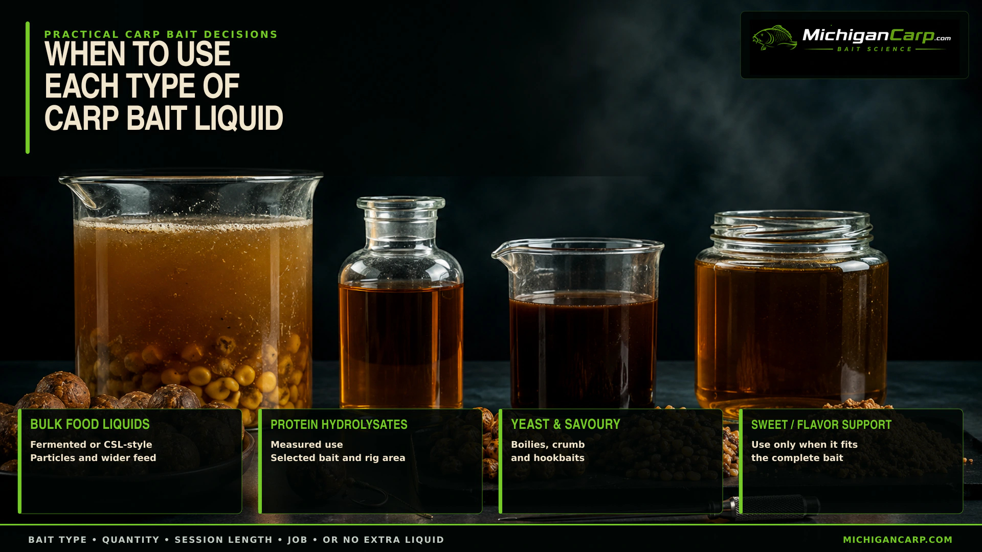 Carp bait liquid guide showing fermented food liquid, protein hydrolysate, yeast extract and sweet liquid with particles, boilies and hookbaits