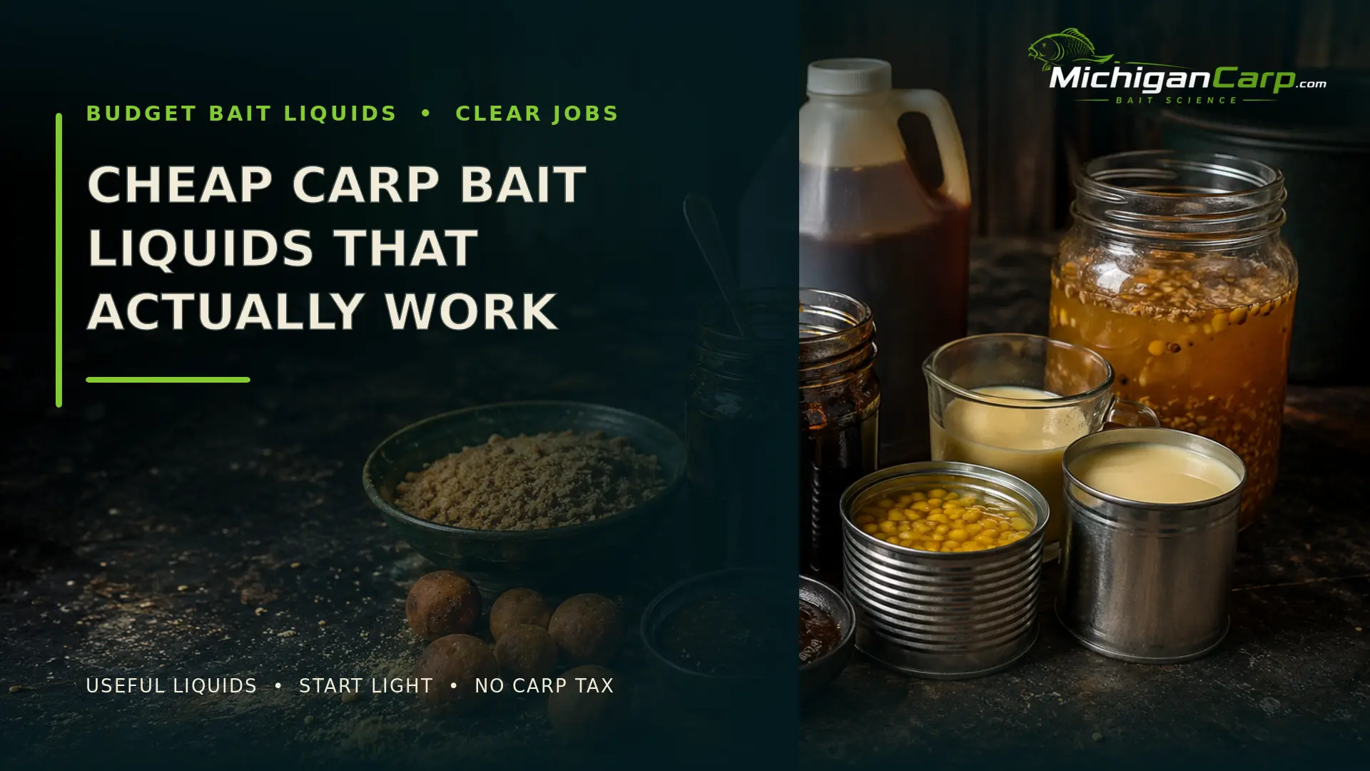 Cheap carp bait liquids beside molasses, corn, yeast extract, particles and method-mix ingredients.