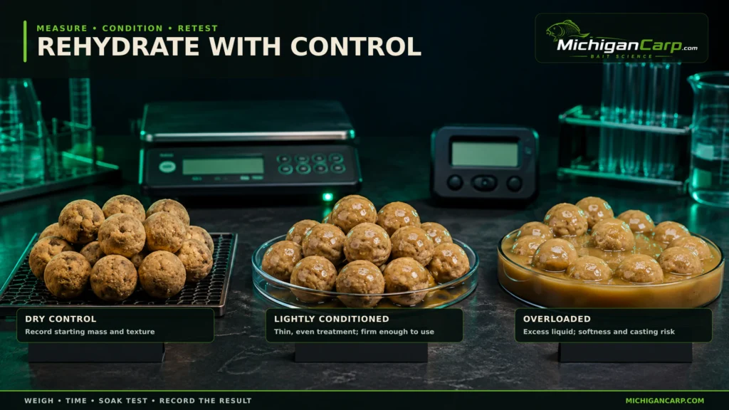 Controlled boilie rehydration test comparing dry control bait, lightly conditioned boilies and overloaded boilies