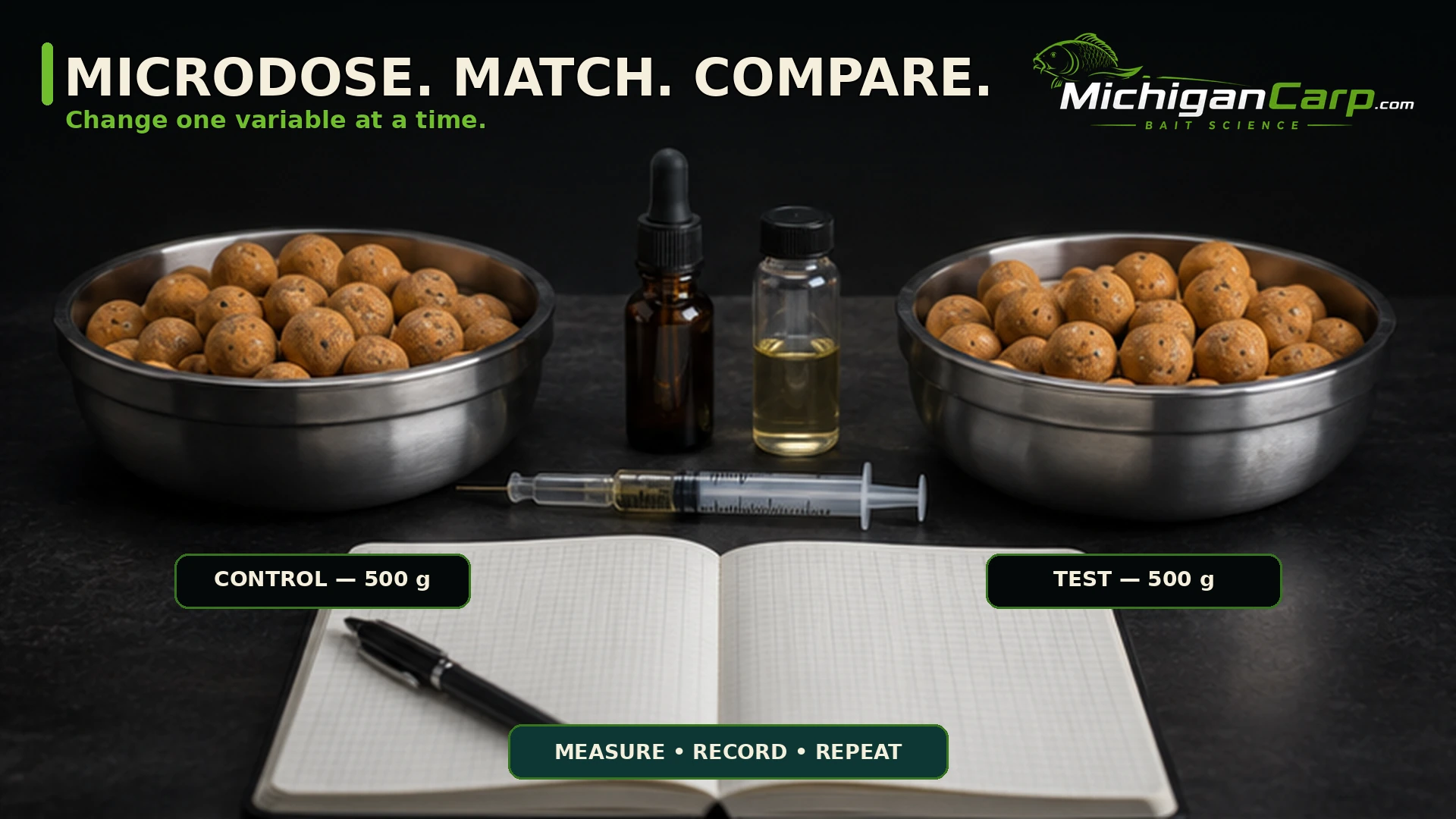 Essential-oil microdose system using a labelled dilution, syringe and two matched 500 gram boilie test batches.