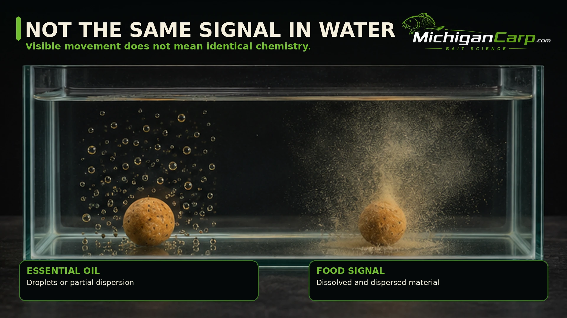 Water test comparing dispersed essential-oil droplets with dissolved carp-bait food signals leaving a boilie