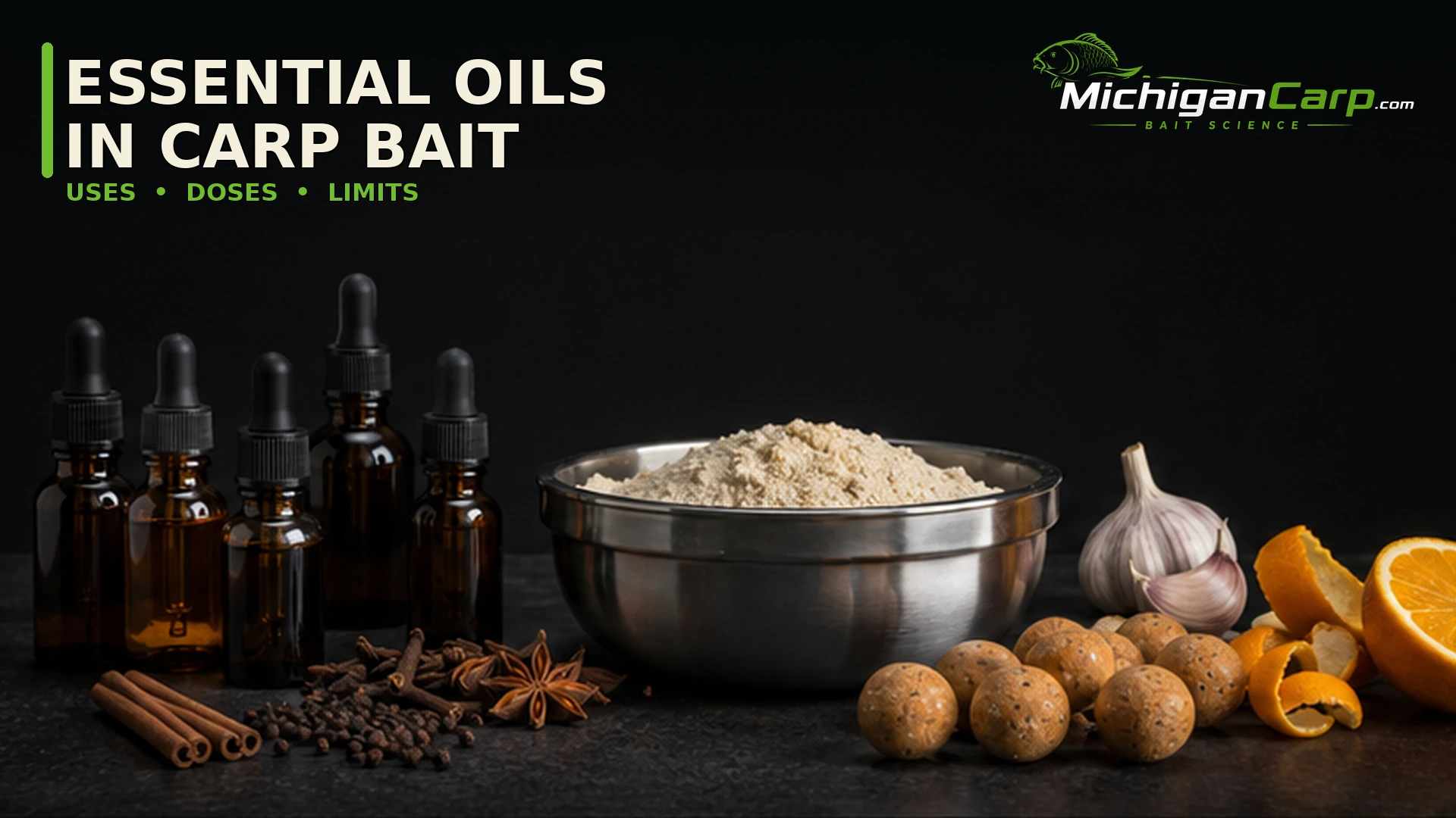 food-grade essential oils beside measured carp bait ingredients and a bowl of boilie base mix.