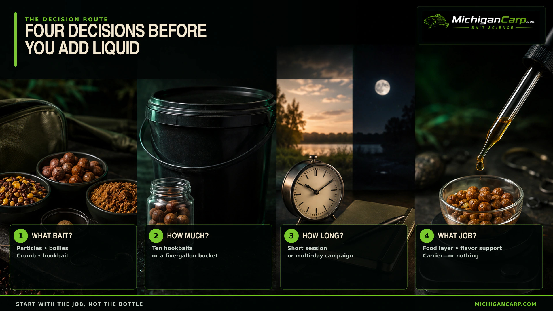 Four decisions before adding carp bait liquid: bait type, quantity, session length and the job the liquid must perform