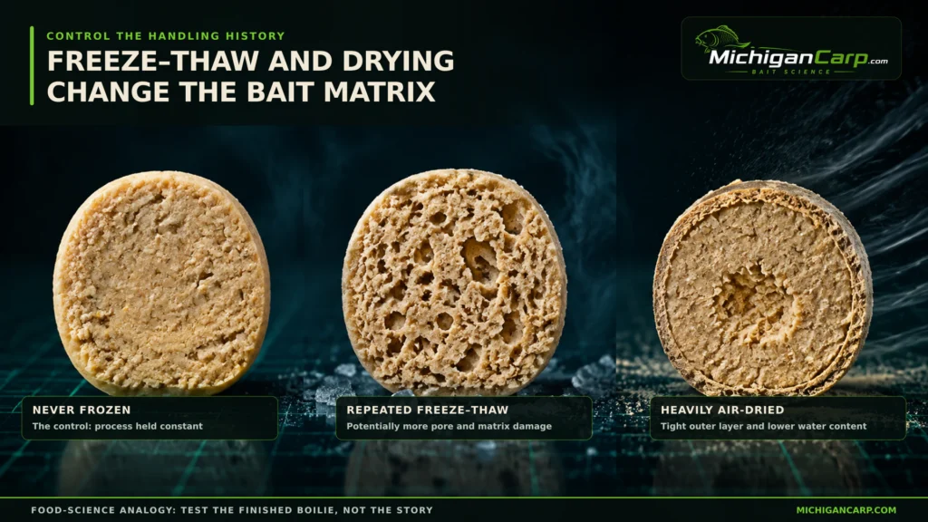 Boilie cross-sections comparing never-frozen bait, repeated freeze-thaw effects and heavy air-drying in the finished bait matrix
