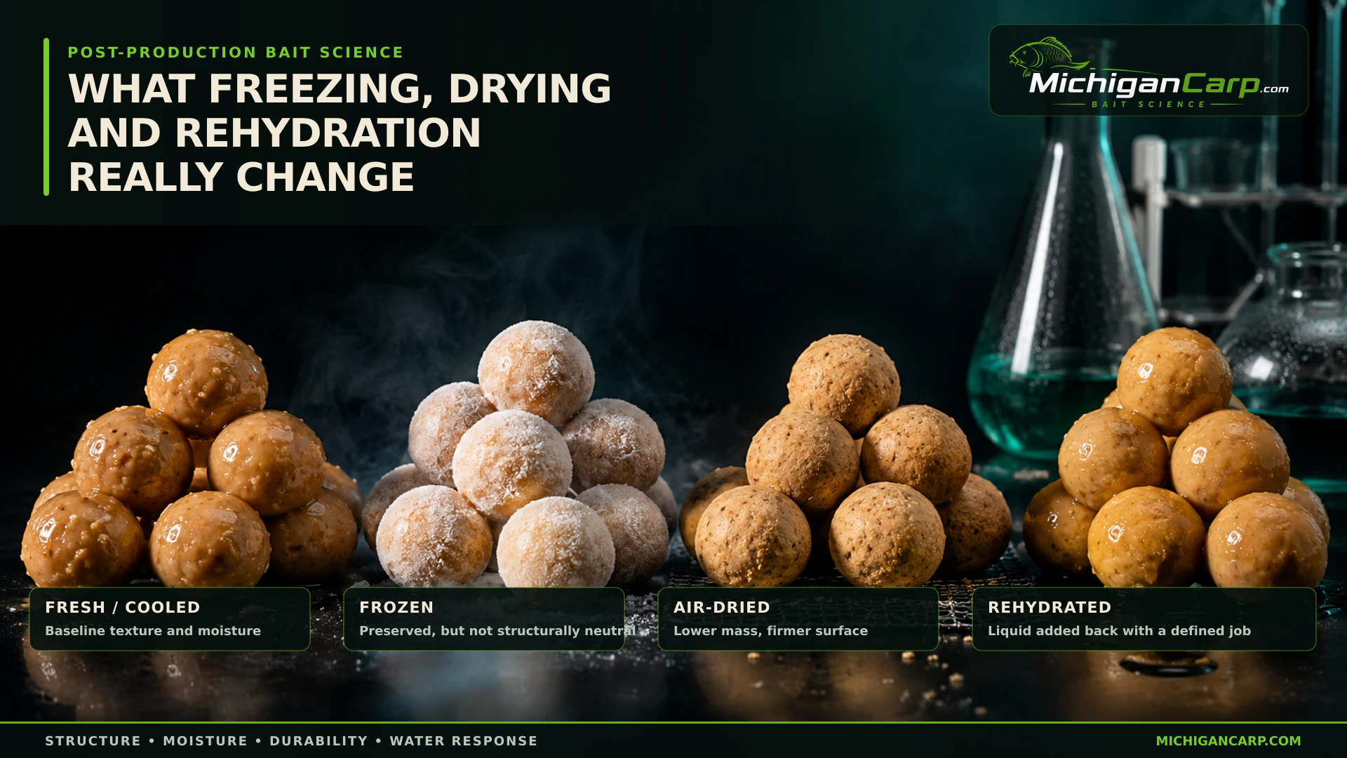 Fresh, frozen, air-dried and rehydrated boilies compared on a modern MichiganCarp bait-science workbench