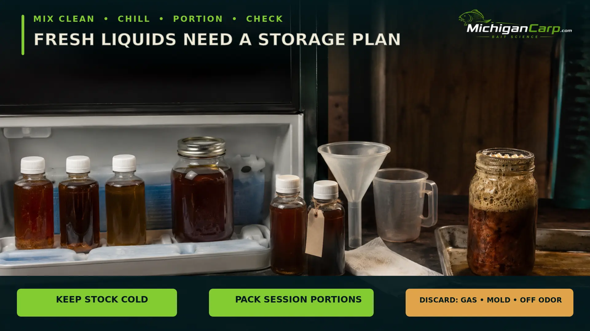 Fresh carp bait liquid storage check showing chilled session portions, clean containers and discard warnings for spoiled mixtures.
