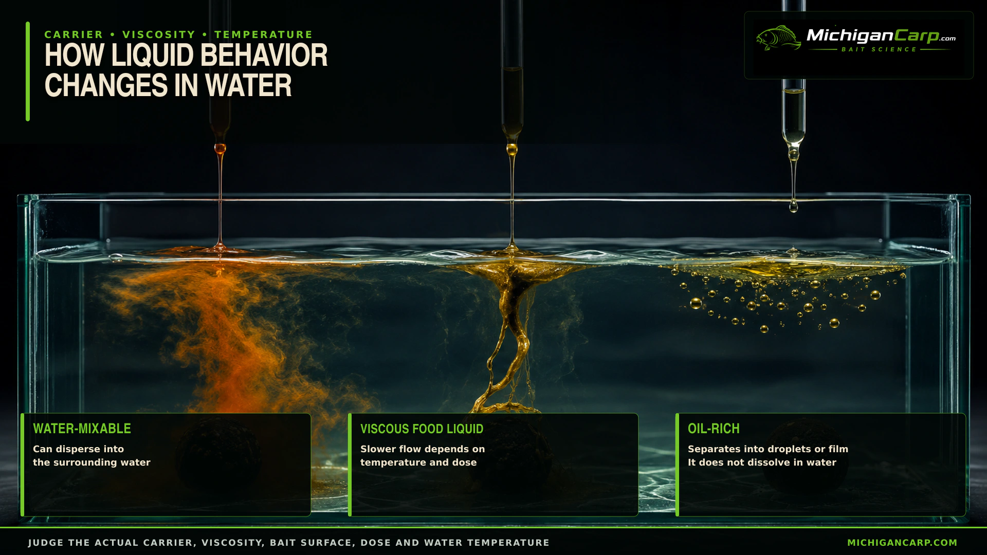 Comparison of a water-mixable carp bait liquid, a viscous food liquid and an oil-rich treatment behaving differently in water
