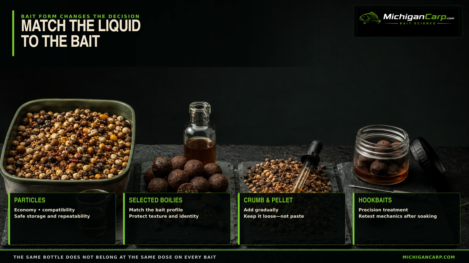 Matching carp bait liquid to particles, selected boilies, crumb and pellets, and precisely treated hookbaits