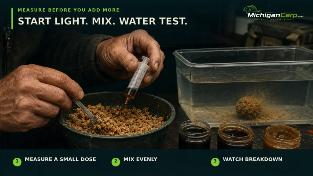 Fresh carp bait liquid storage check showing chilled session portions, clean containers and discard warnings for spoiled mixtures.