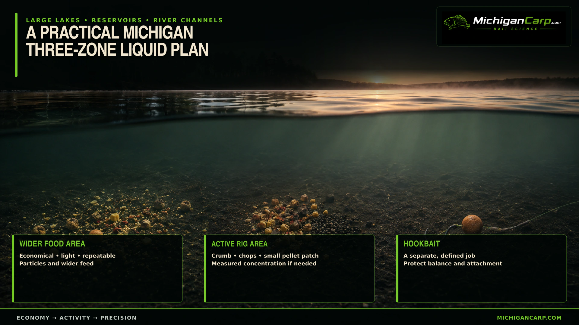 Michigan carp bait liquid strategy using a wider food area, a concentrated active rig area and a separately treated hookbait