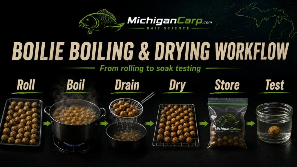 Alt text: Homemade boilie boiling and drying workflow showing rolling boil, small batches, timer, draining, drying racks, freezer bags and soak testing.