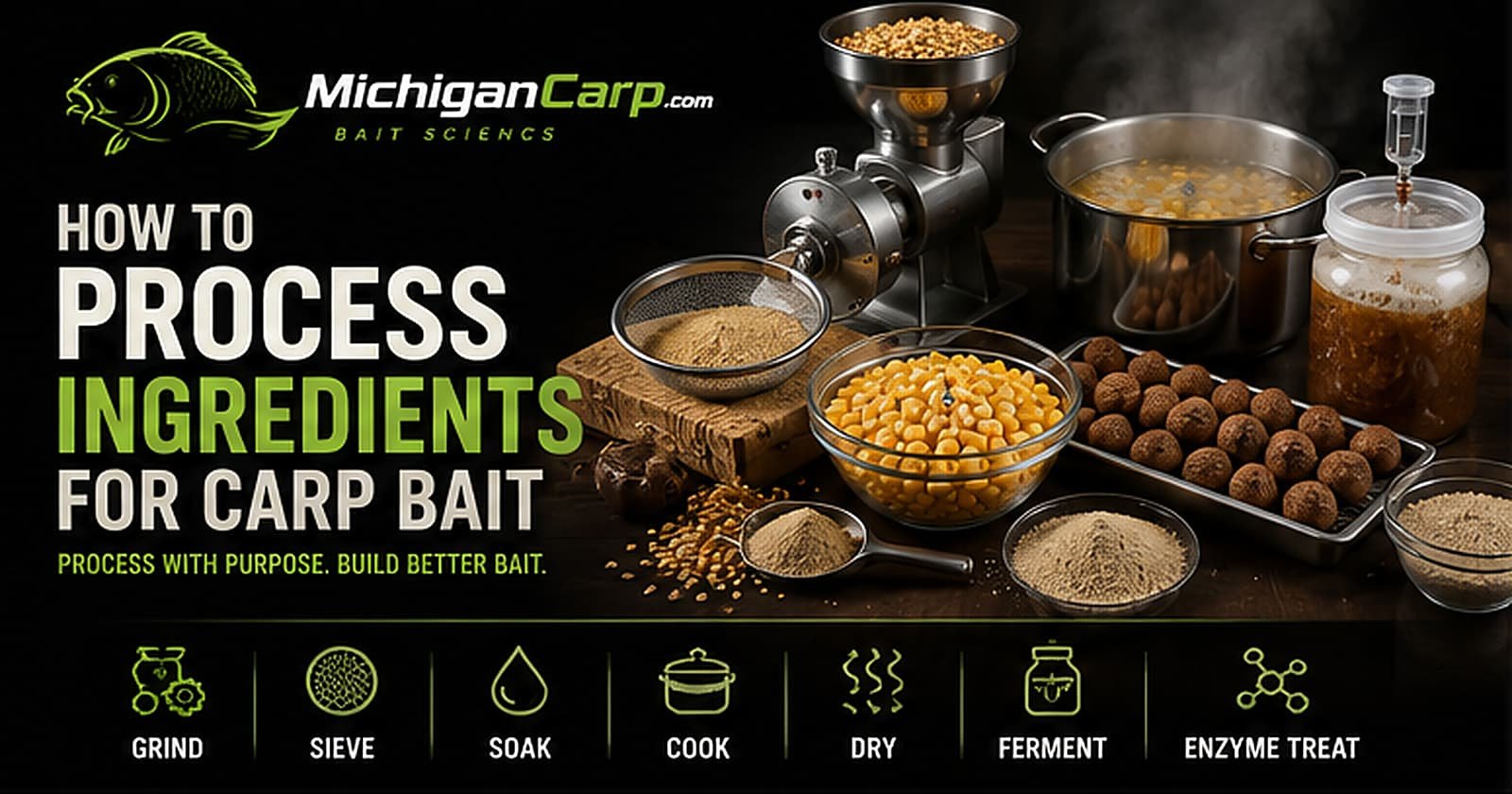 How to process carp bait ingredients showing grinding, sieving, soaking, cooking, drying, fermentation, enzyme treatment and controlled bait preparation.