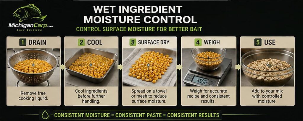 Wet ingredient moisture control for carp bait showing draining, cooling, surface drying, weighing, moisture control and boilie paste consistency