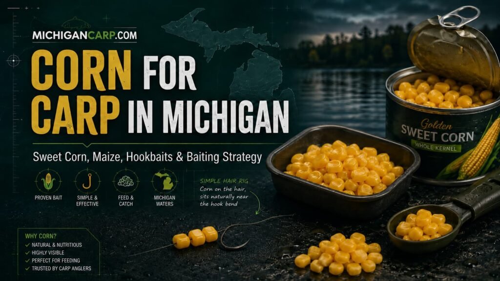 Corn for carp in Michigan showing canned sweet corn, prepared maize, corn hookbaits and light baiting strategy