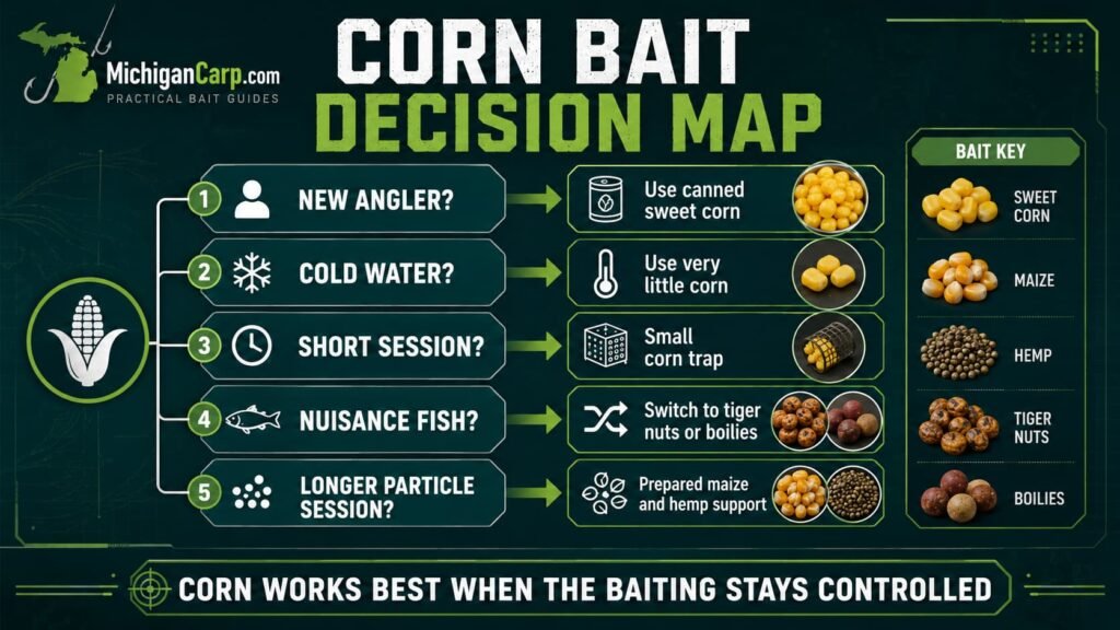 Corn for carp decision map showing when to use sweet corn, maize, light baiting and tougher hookbaits