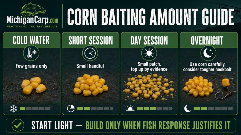Corn baiting amount guide showing light corn feeding for short sessions day sessions overnight fishing and cold water